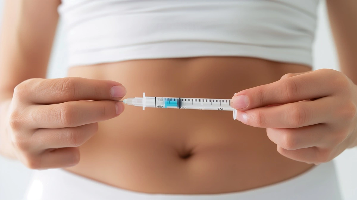 Woman preparing semaglutide injection for weight loss therapy, targeting abdominal fat reduction and metabolic health.