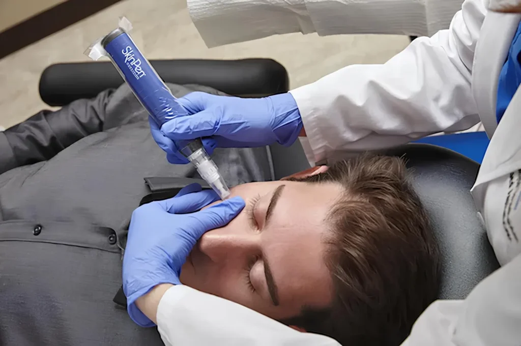 A man in Bellmore, NY, is receiving Microneedling treatment with a SkinPen device.