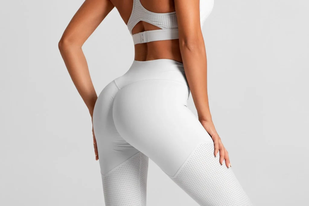 A woman poses, showcasing her buttocks, after a Liquid Butt Lift in Bellmore, NY