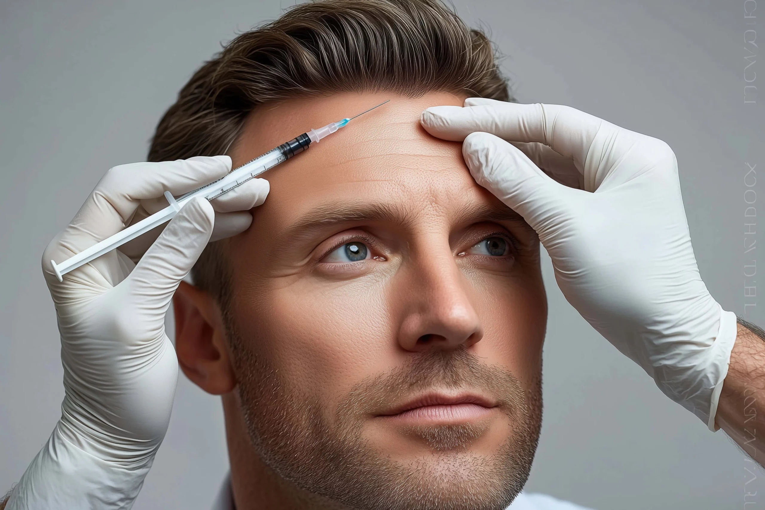 A man is receiving Botox injections for wrinkles on his forehead in Bellmore, NY