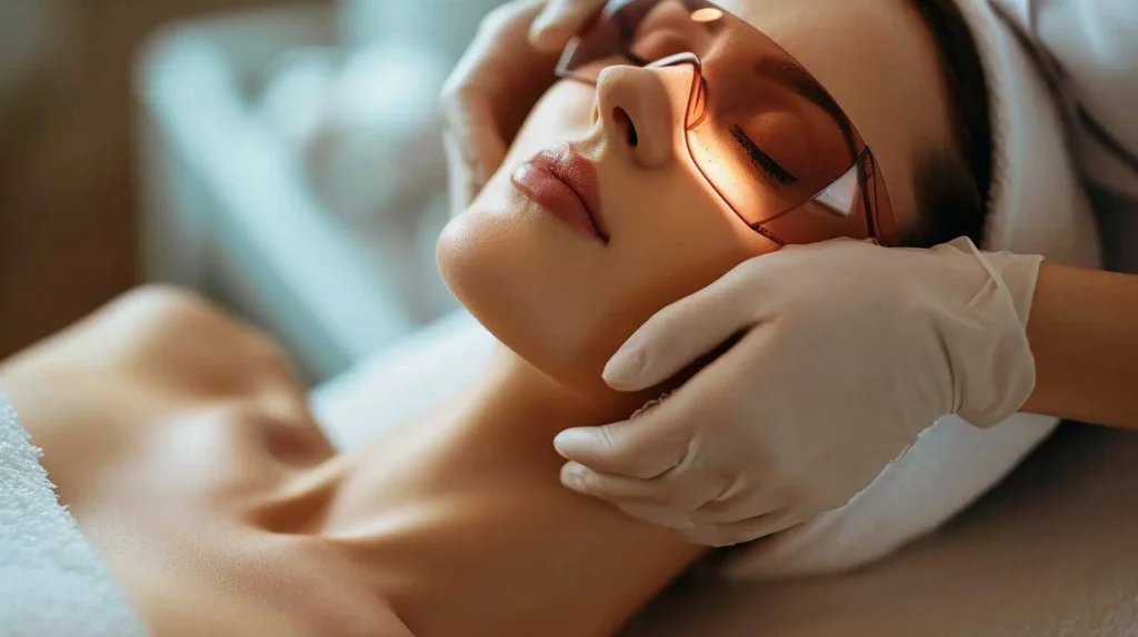 Woman receiving SkinTyte BBL laser treatment with protective eyewear, attended by a gloved professional